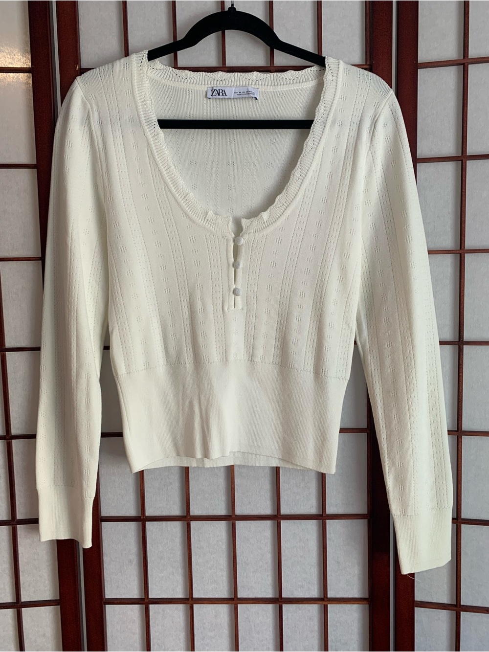 NWOT Zara Ivory Long Sleeve Low-Cut Henley Pullover Short Sweater in Size M